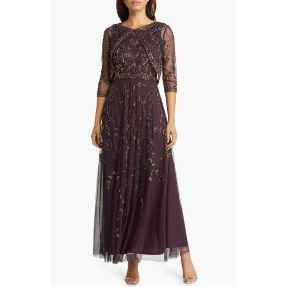 PISARRO NIGHTS Beaded Mesh Gown with Jacket Size 12 Purple Eggplant NWOT - Picture 1 of 16